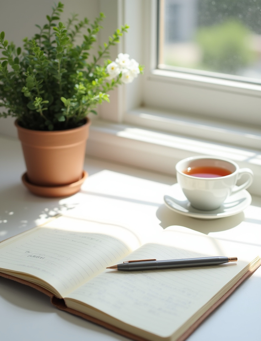 A tidy desk with one notebook