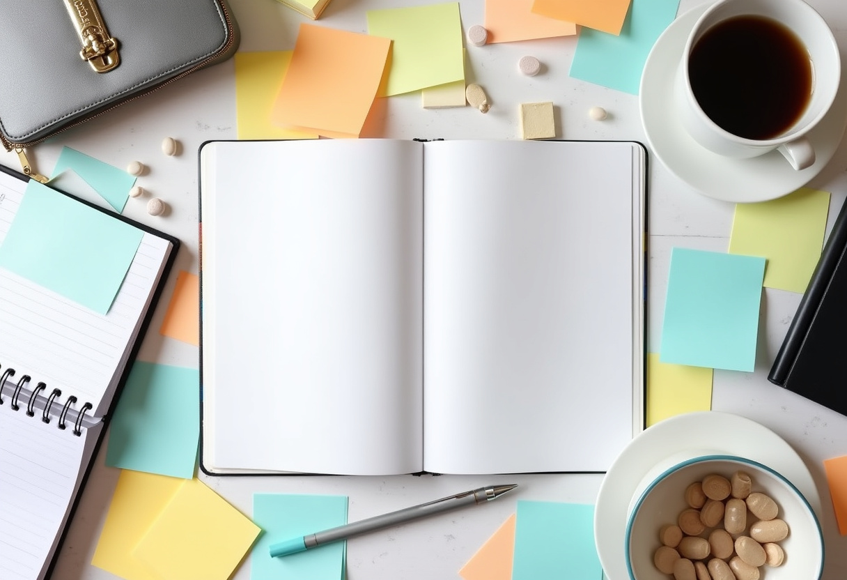 A desk covered in sticky notes, coffee cups and pills, black and white
