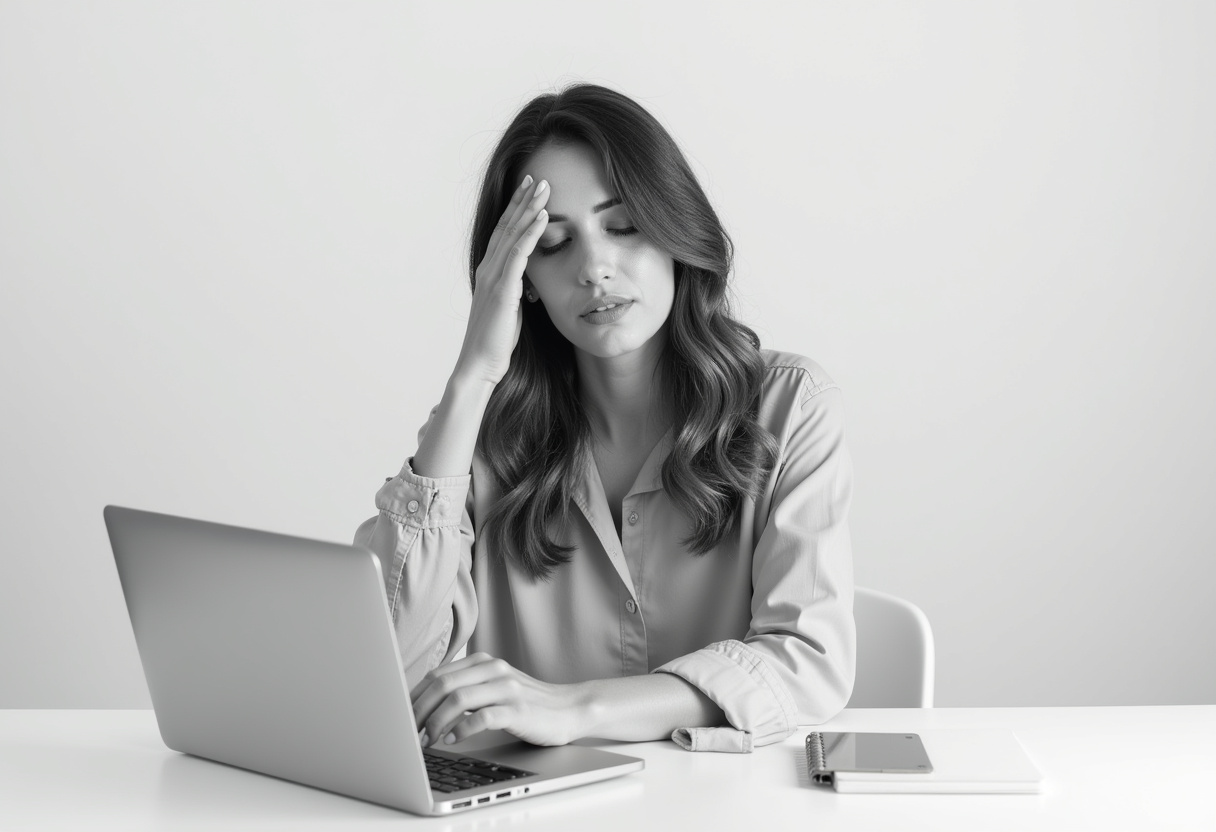 A woman at a desk, hand on her forehead, black and white